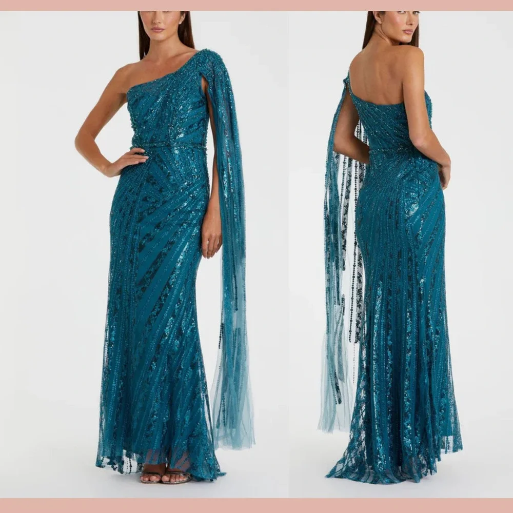 NWT Mac Duggal [ 4 ] 20528 One Shoulder‎ Cape Sleeve Embellished Gown Blue J1911 - Picture 2 of 15
